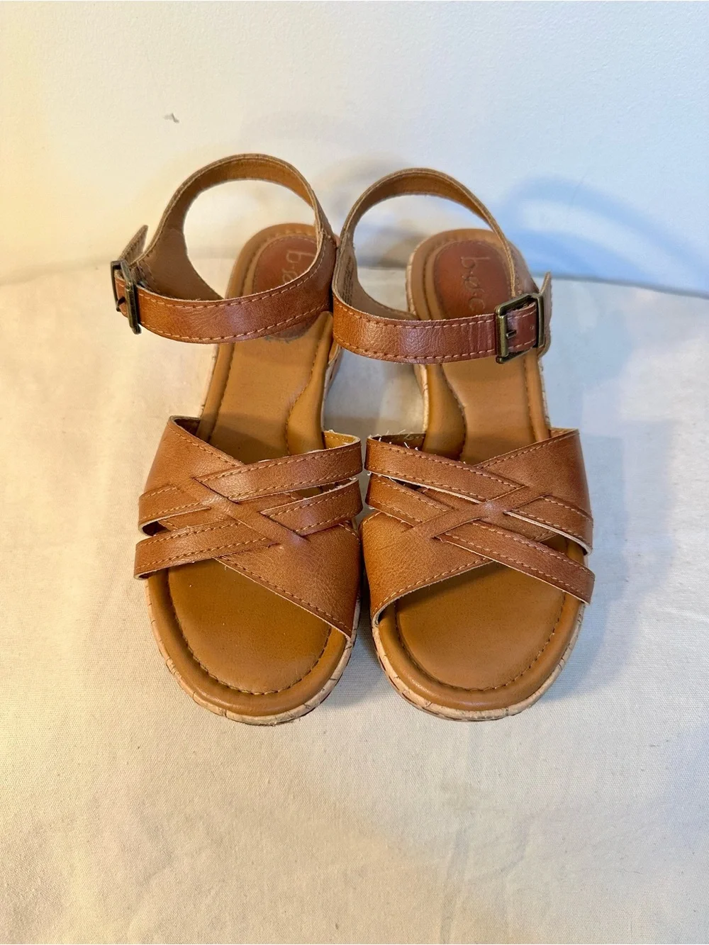 b.o.c. Tan Brown Leather Wedge Sandals with Ankle Strap